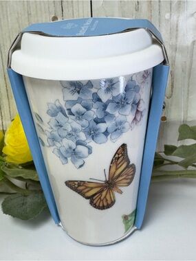 Lenox Butterfly Meadow Coffee Tea thermal, travel mug Cup With Silicone Lid New